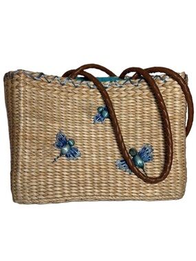 AVON 2005 BEACH used Straw Tote bag with blue dragonflies large shoulder